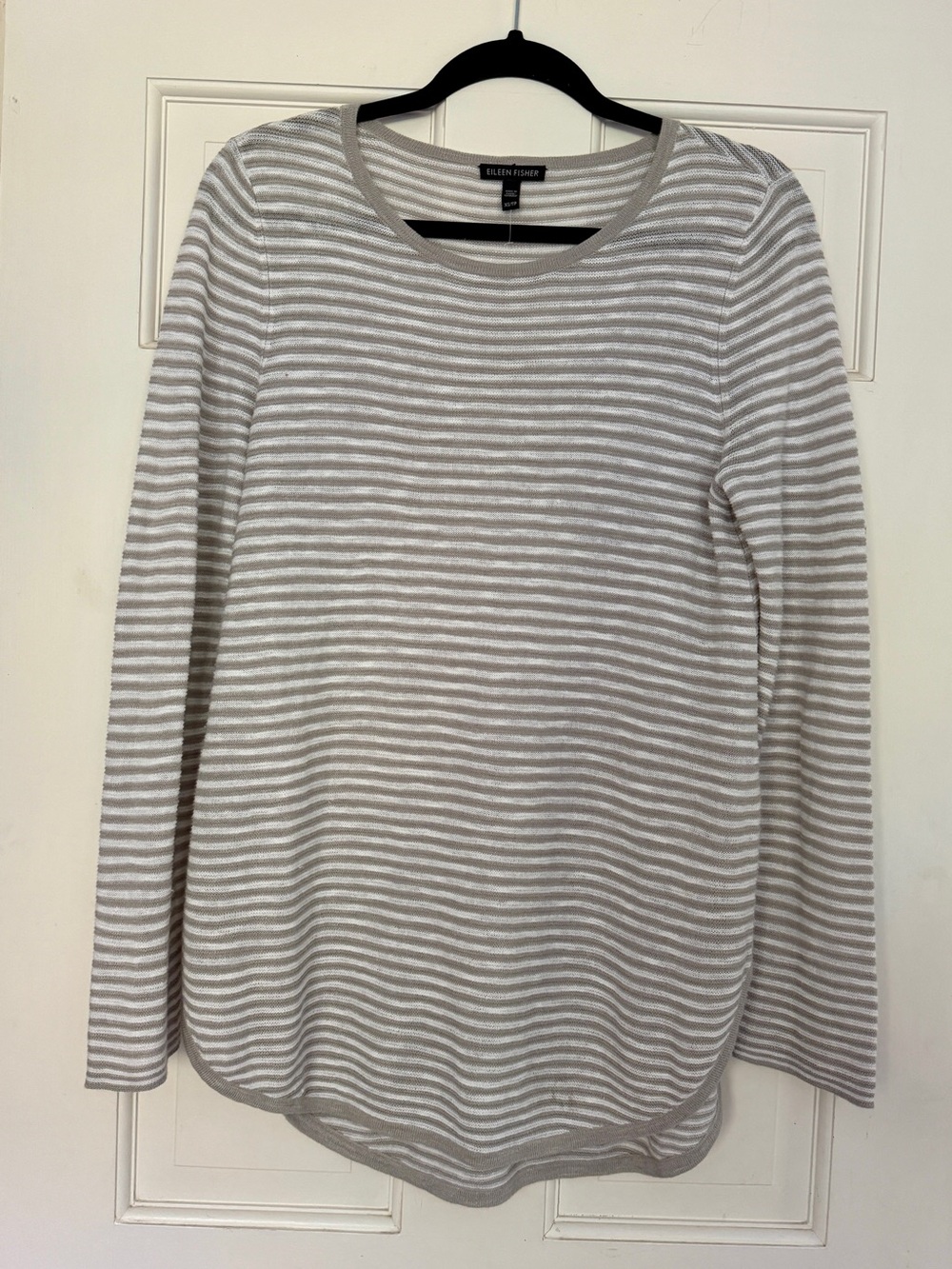 Eileen Fisher Khaki and White Linen Knit Long-Sleeve Top